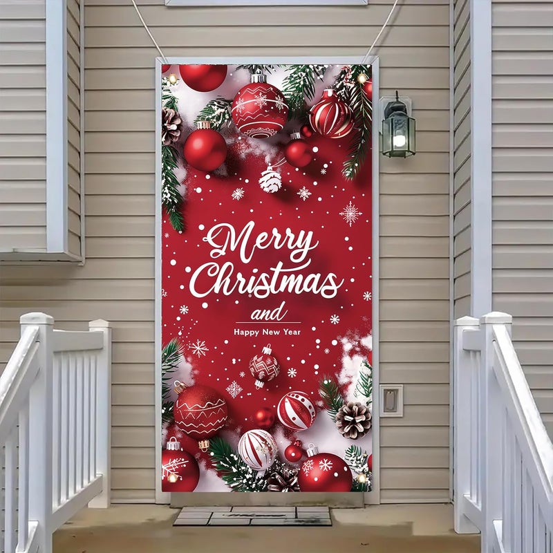 Saoplasa Merry Christmas Door Banner Happy New Year 35x71 Inch Red Christmas Front Door Cover with Snowflakes and Lettering for Xmas Winter Seasonal Holiday Party Porch Wall Hanging New Year Entryway Decoration - Image 2